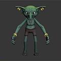 Green Goblin Game and Movie Character With Long Nose Pointed Ears Brown Shorts Yellow Bracelets
