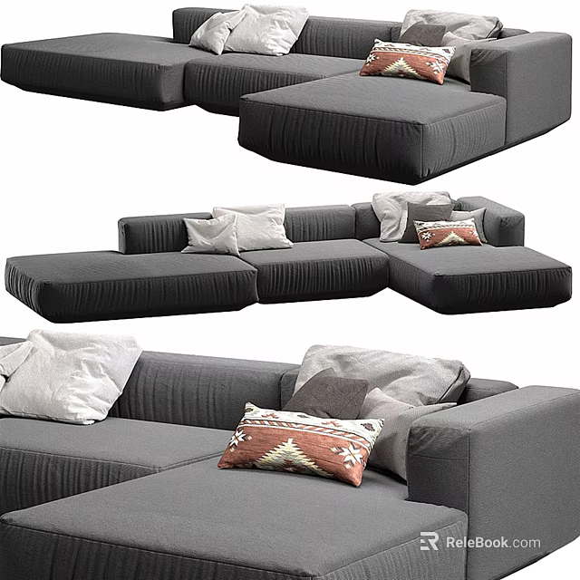 Modern Sectional Sofa With Gray Fabric And Decorative Throw Pillows 3d model