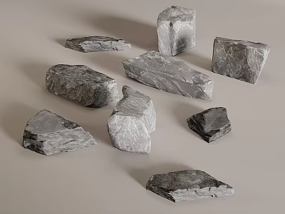 Natural Gray Stones In Various Shapes And Sizes On Light Gray Background Surface 3d model