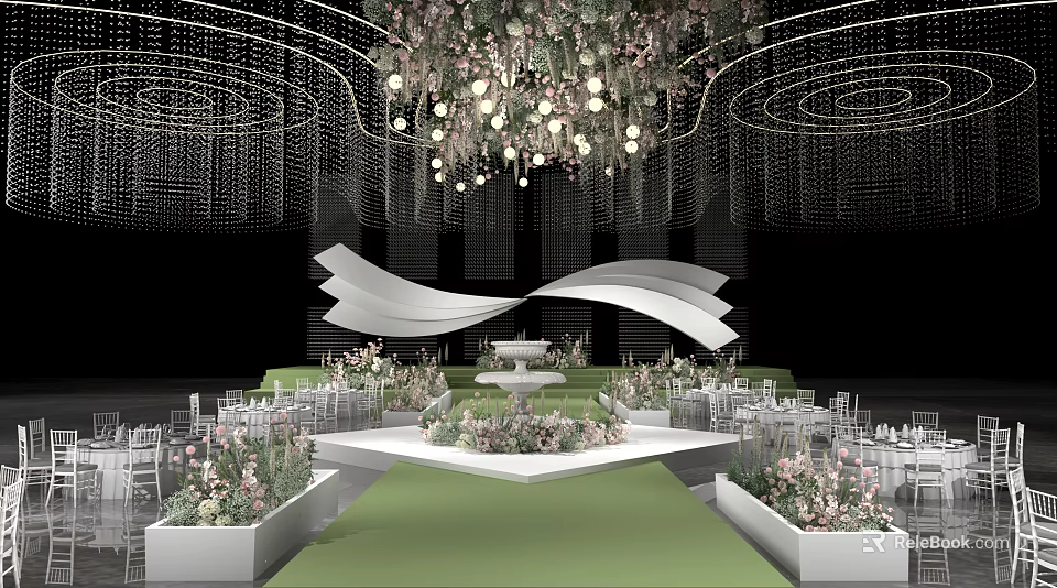 Banquet Hall with Modern Chandelier Stage Green Carpet White Decorations and Flower Arrangements 3d model 