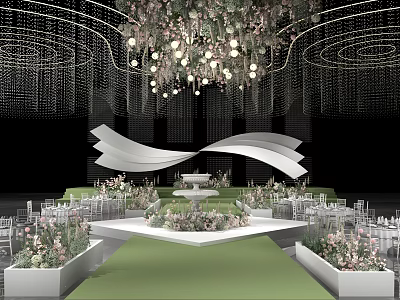 Banquet Hall with Modern Chandelier Stage Green Carpet White Decorations and Flower Arrangements 3d model