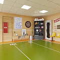 Casual Recreation Room Interior With Green Floor Dartboard Scoreboard Lockers And Yellow Chairs