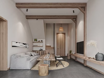 Minimalist Scandinavian Apartment Interior Design With Wooden Beams Gray Sofa And Staircase 3d model