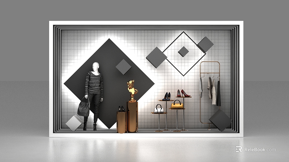 Stylish Retail Shop Window Display With Mannequin Clothing Shoes And Geometric Decorations 3d model 