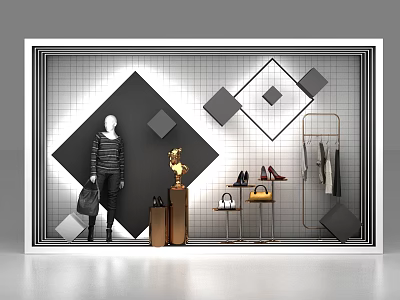 Stylish Retail Shop Window Display With Mannequin Clothing Shoes And Geometric Decorations 3d model