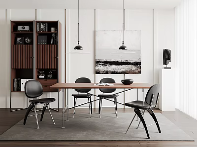 Modern Restaurant Interior With Wooden Dining Table Black Chairs Bookshelf Large Painting And Pendant Lights 3d model