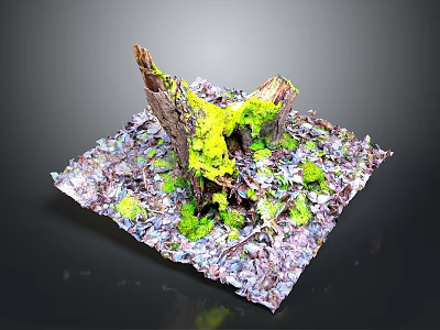Vibrant Green and Yellow Moss Covered Tree Trunks in Square Plant Bed with Purple Mulch 3d model