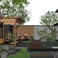 Modern Garden With Wooden Pavilion Stone Paved Path And Lush Green Plants
