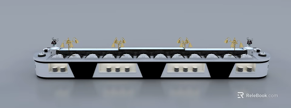 Modern Display Shelf With Golden Decor White Domes And Gray Containers 3d model