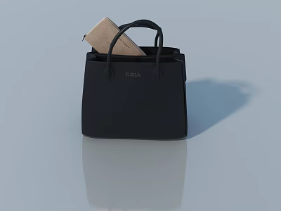 Black FURLA Handbag With Brown Item Inside On Light Blue Background With Reflection 3d model