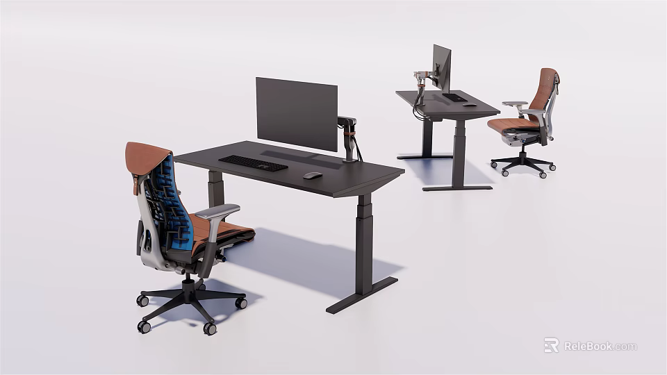 Black Adjustable Height Office Desks With Computer Monitors And Ergonomic Chairs 3d model