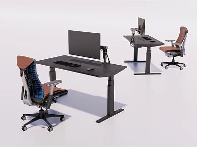 Black Adjustable Height Office Desks With Computer Monitors And Ergonomic Chairs 3d model
