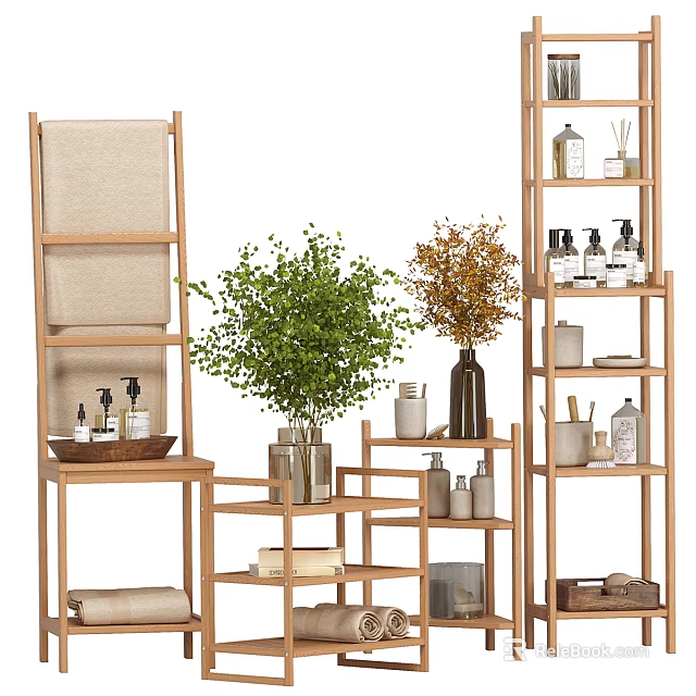 Wooden Storage Shelves In Bathroom Hold Washing Supplies Towels And Plants 3d model 