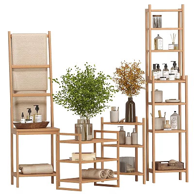 Wooden Storage Shelves In Bathroom Hold Washing Supplies Towels And Plants 3d model