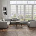 Modern Light Grey Sofa and Coffee Table Set With Spacious Bright Living Room Wooden Floor
