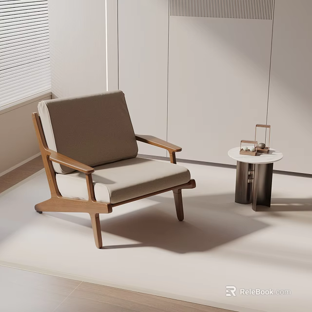 Modern Accent Chair With Wooden Frame Beige Cushion And Small Round Side Table 3d model 