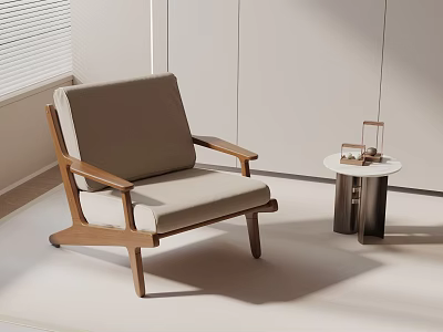 Modern Accent Chair With Wooden Frame Beige Cushion And Small Round Side Table 3d model
