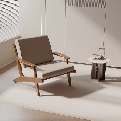 Modern Accent Chair With Wooden Frame Beige Cushion And Small Round Side Table 3d model