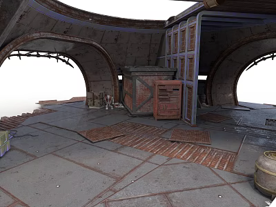 Industrial Interior With Arched Structures Metal Frames Wooden Crates And Brick Floor 3d model