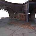 Industrial Interior With Arched Structures Metal Frames Wooden Crates And Brick Floor