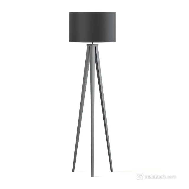 Modern Floor Lamp with Tripod Metal Stand and Black Fabric Shade 3d model 