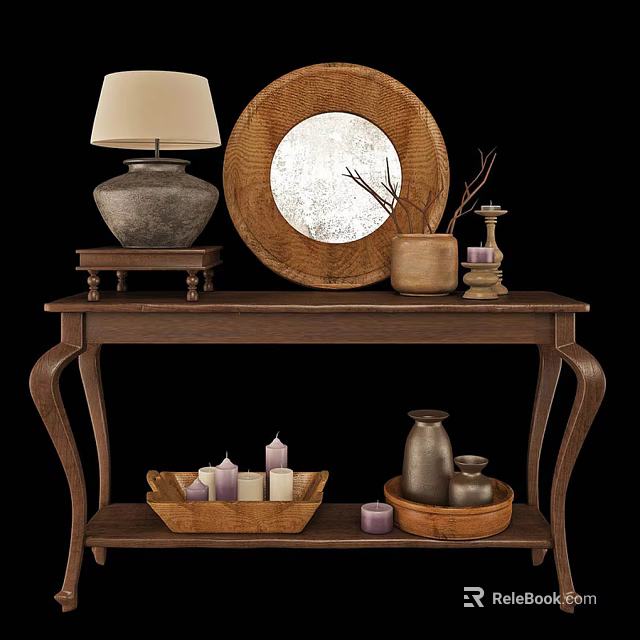 Wooden Console Table With Wicker Mirror Table Lamp Vases Candles And Basket Decor 3d model 