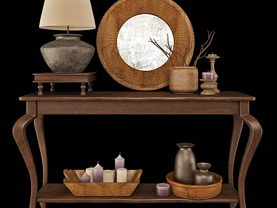 Wooden Console Table With Wicker Mirror Table Lamp Vases Candles And Basket Decor 3d model