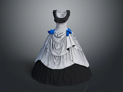 Elegant Black White Dress With Blue Bow Accents And Layered Ruffled Skirt 3d model