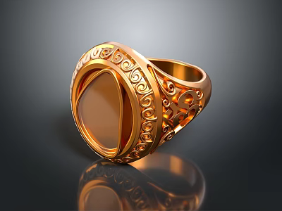 Ornate Gold Fashion Ring With Intricate Carved Patterns And Oval Gemstone 3d model