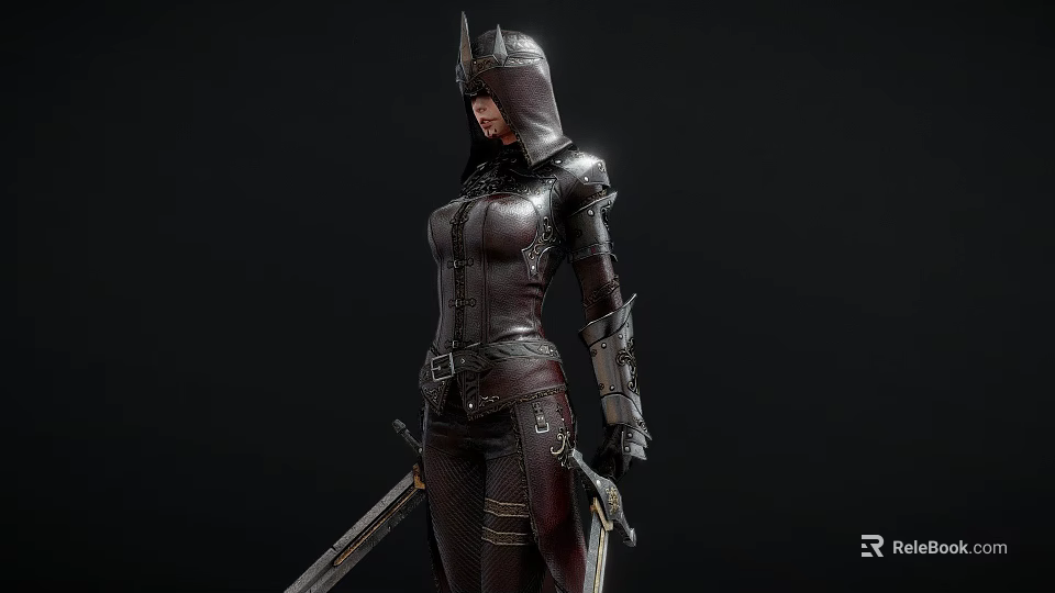 Hooded Woman Warrior In Leather Armor Holding Sword Standing Pose 3d model 