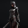 Hooded Woman Warrior In Leather Armor Holding Sword Standing Pose
