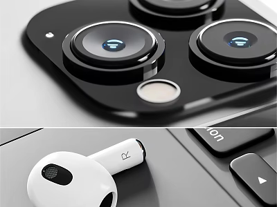 Modern Smartphone Camera Module With Multiple Lenses And White Wireless Earbuds Digital Accessories 3d model