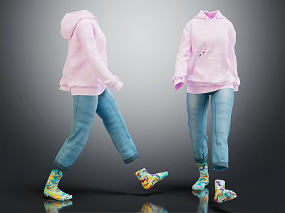 Pink Hoodie With Blue Jeans And Colorful Patterned Shoes Stylish Outfit 3d model