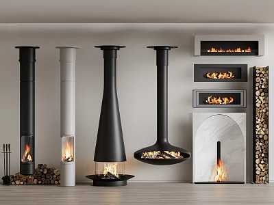 Modern Interior Fireplace Designs With Various Styles Hanging Free Standing Marble And Stacked Wood Logs 3d model