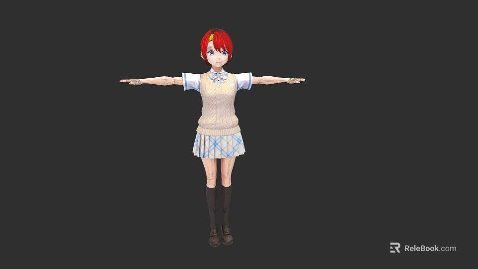 Woman With Red Hair In White Sweater And Blue White Plaid Skirt Arms Outstretched 3d model 
