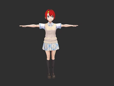 Woman With Red Hair In White Sweater And Blue White Plaid Skirt Arms Outstretched 3d model