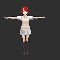 Woman With Red Hair In White Sweater And Blue White Plaid Skirt Arms Outstretched