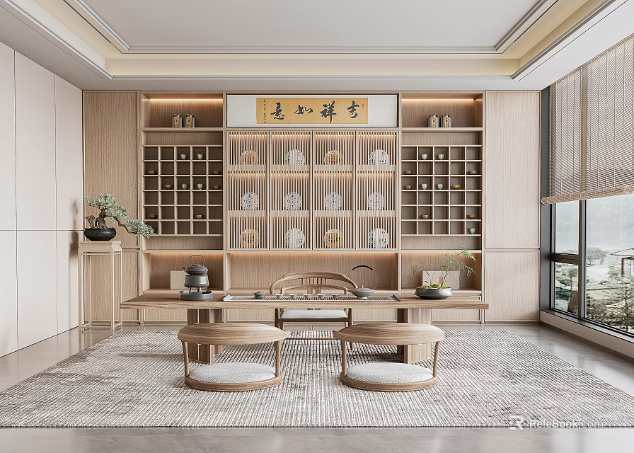 Traditional Chinese Tea Room With Wooden Shelves Tea Sets Calligraphy Art And Natural Light 3d model 
