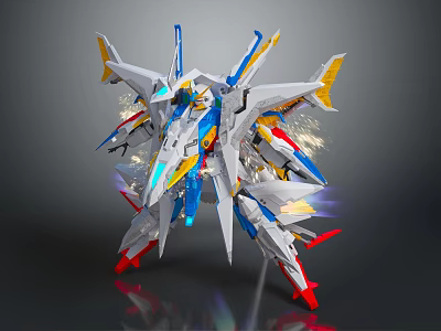 Vibrant Mechanical Mecha Character Featuring White Blue Yellow Red Wings And Dynamic Shining Effects 3d model