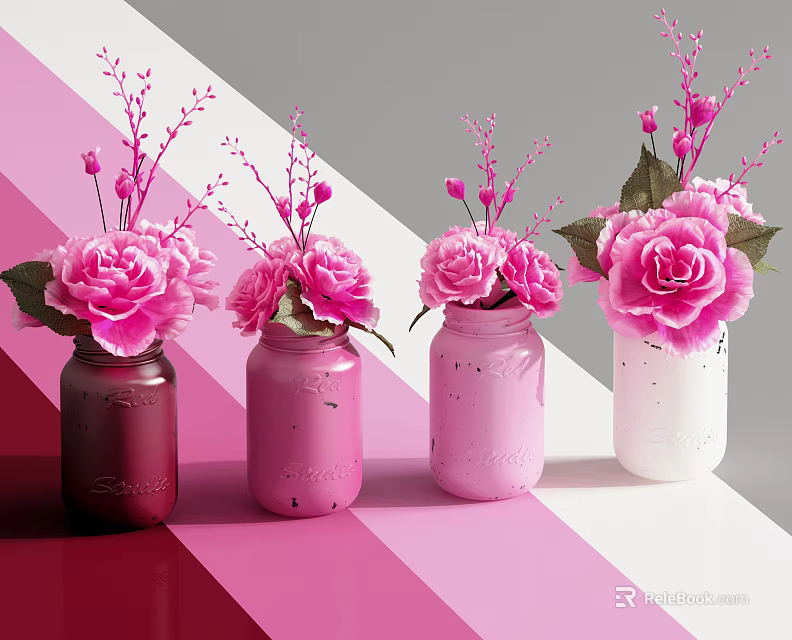 Colored Mason Jars with Pink Roses and Sprigs on Gradient Pink White Striped Background 3d model 