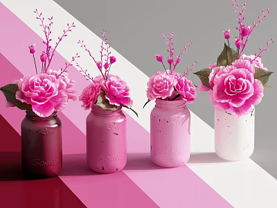 Colored Mason Jars with Pink Roses and Sprigs on Gradient Pink White Striped Background 3d model