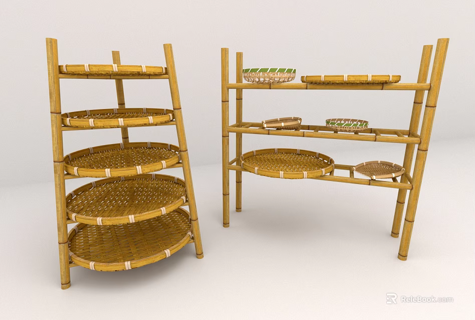 Bamboo Storage Shelving Units With Multiple Woven Trays And Tiered Design 3d model 