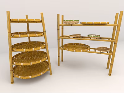 Bamboo Storage Shelving Units With Multiple Woven Trays And Tiered Design 3d model