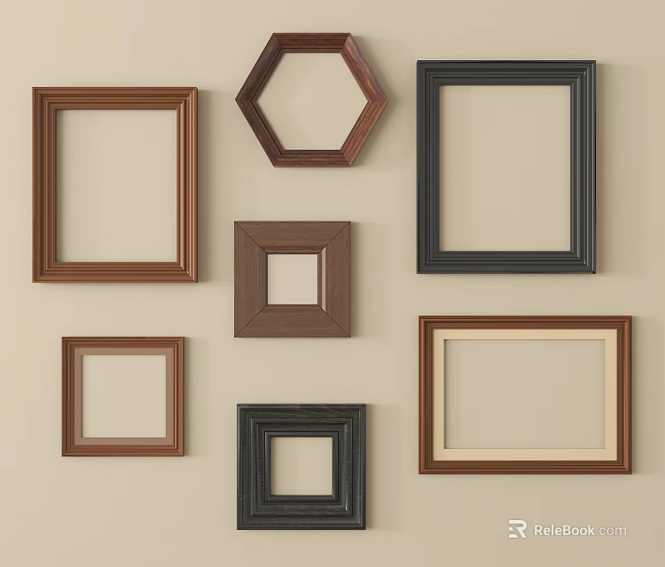 Multiple Wooden And Black Frames In Various Shapes Arranged On Beige Wall 3d model 