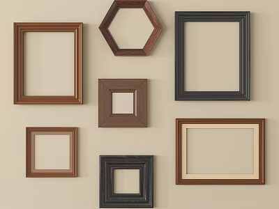 Multiple Wooden And Black Frames In Various Shapes Arranged On Beige Wall 3d model