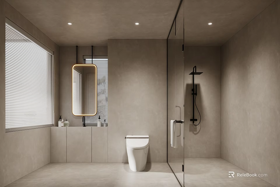 Modern Minimalist Bathroom Interior With Glass Shower Partition Wall Mounted Toilet And Large Mirror 3d model 