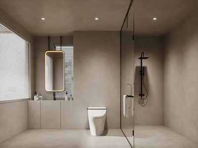 Modern Minimalist Bathroom Interior With Glass Shower Partition Wall Mounted Toilet And Large Mirror 3d model