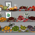 Vibrant Assorted Fresh Fruits Display On Tiered Shelves With Vases And Frames
