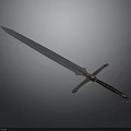 Shiny Metallic Double Edged Sword With Brown Leather Hilt And Decorative Guard