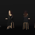 Woman in Black Dress Sitting on Wooden Stool from Different Angles with Black Background